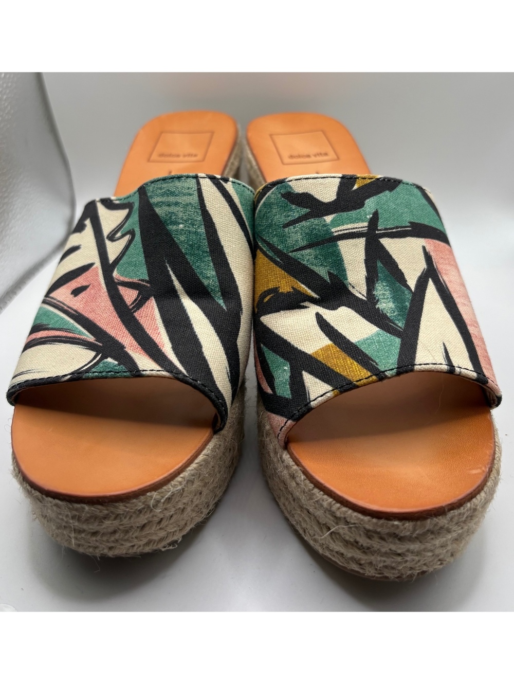 Dolce Vita Tropical Abstract Canvas Espadrille Wedge Slide Sandals Size 7